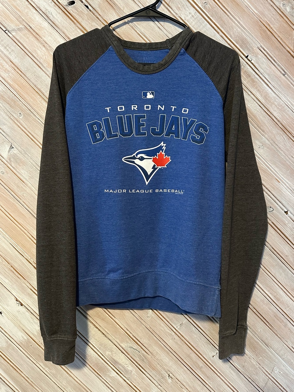 Toronto Blue Jays Raglan Crewneck Sweatshirt MLB Baseball Blue & Charcoal